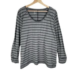 T by Talbots Grey Striped Long Sleeve Top Size 2X Ruched Sleeve Round Neck